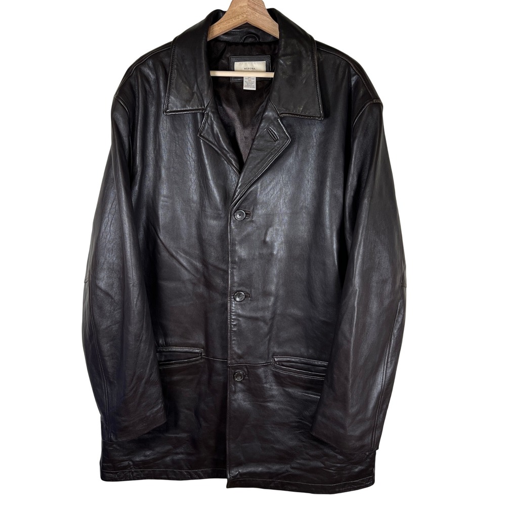 Vtg Merona Mens XL Genuine Leather Long Button Front Lined‎ Soft Jacket Brown